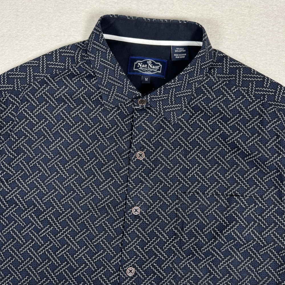 Nat Nast Button Up Shirt Mens Medium Blue Geometric Short Sleeve Silk‎ Cotton